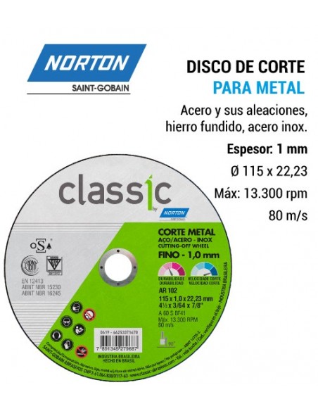 Disco de corte NORTON Classic para metal Ø 115 x 1 x 22,23