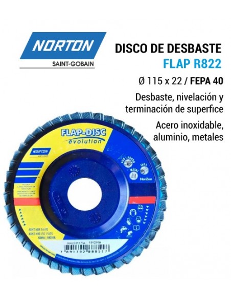 Disco de desbaste NORTON Flap R822 Ø 115 x 22 FEPA 40