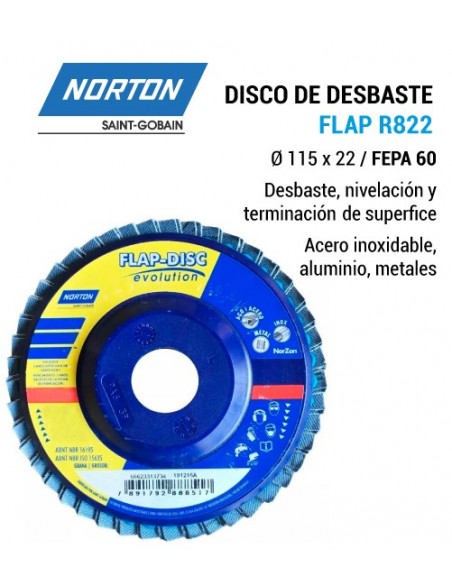 Disco de desbaste NORTON Flap R822 Ø 115 x 22 FEPA 60