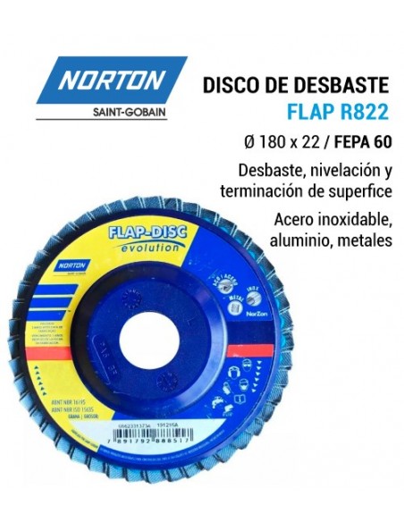 Disco de desbaste NORTON Flap R822 Ø 180 x 22 FEPA 60