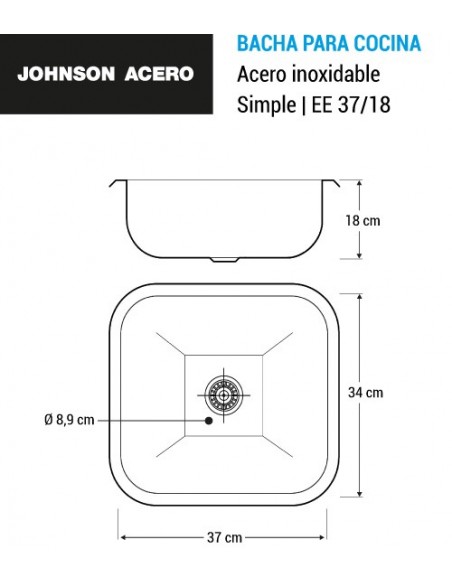 Bacha Acero Simple 37×34×18 Cm., "johnson Ee37/18"