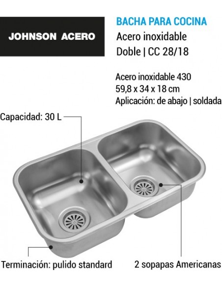 Bacha cocina doble acero inoxidable CC 28/18 JOHNSON ACERO