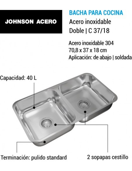 Bacha cocina doble acero inoxidable C 37/18 JOHNSON ACERO
