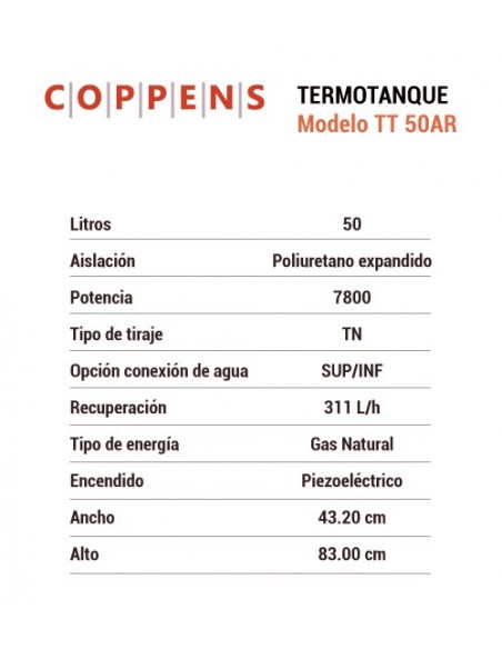 Termotanque alta recuperación 50L gas natural COPPENS TT50AR