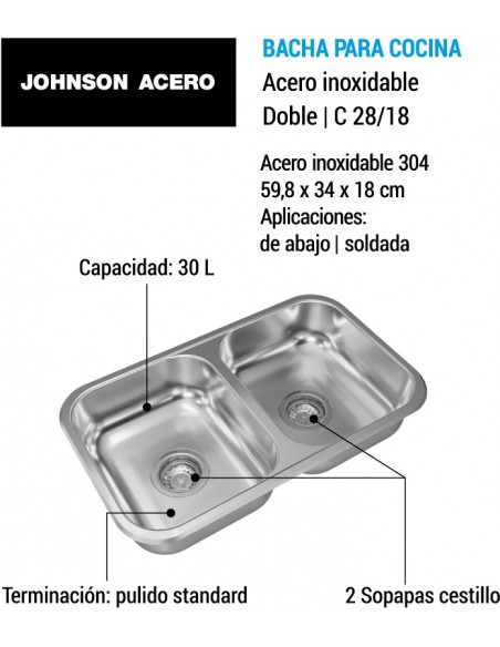 Bacha doble acero inoxidable C28/18 JOHNSON ACERO