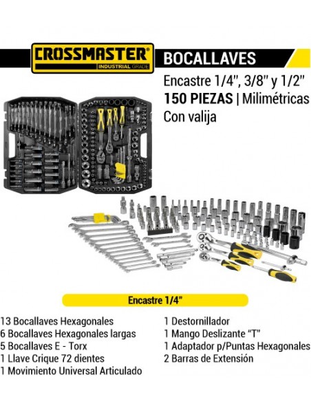 Bocallaves encastre 1/4"- 3/8"- 1/2" CROSSMASTER 150 pieza