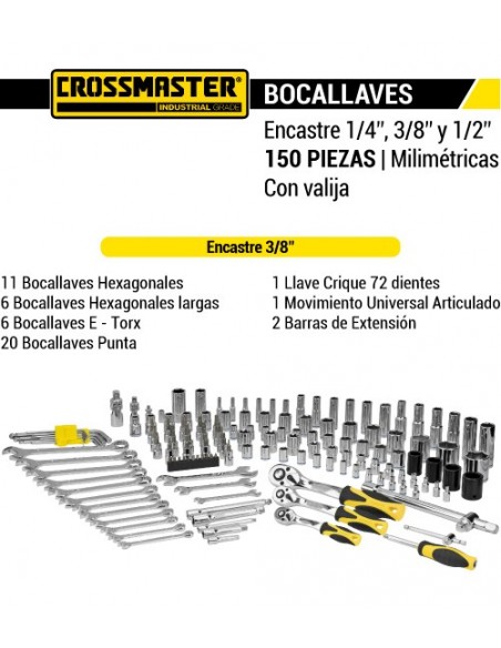 Bocallaves encastre 1/4"- 3/8"- 1/2" CROSSMASTER 150 pieza