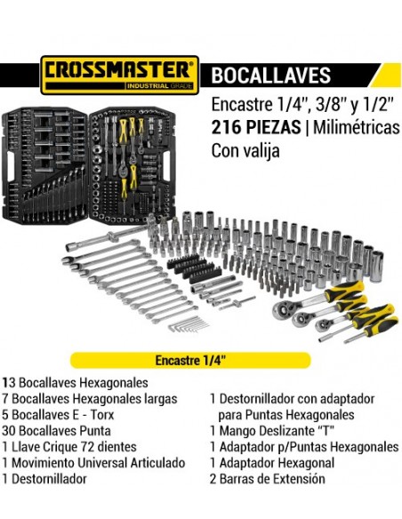 Bocallaves encastre 1/4" - 3/8"- 1/2" CROSSMASTER set 216 piezas con valija