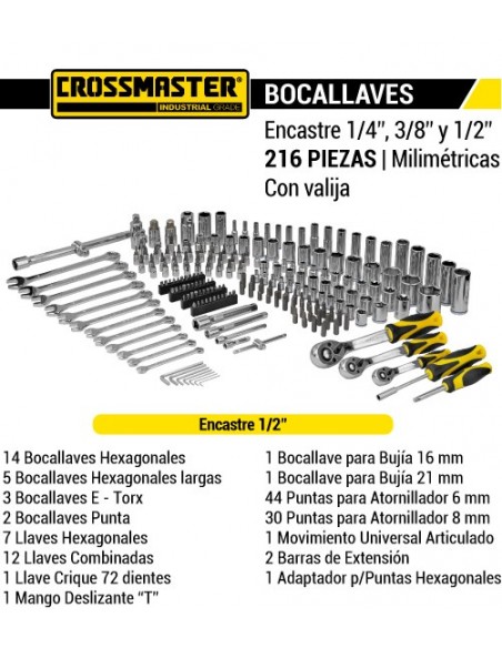 Bocallaves encastre 1/4" - 3/8"- 1/2" CROSSMASTER set 216 piezas con valija