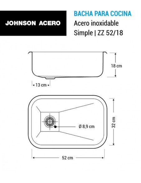 Bacha simple acero inox ZZ 52/18 JOHNSON ACERO 