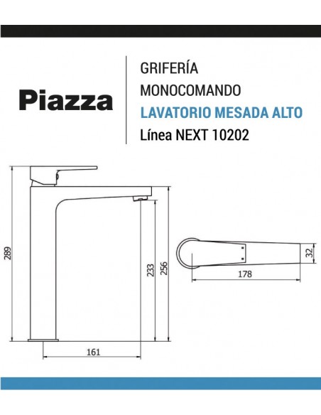Grifería monocomando lavatorio mesada alto PIAZZA Next 10202