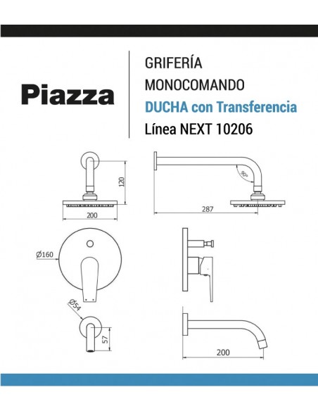 Grifería monocomando ducha con transferencia PIAZZA Next 10206