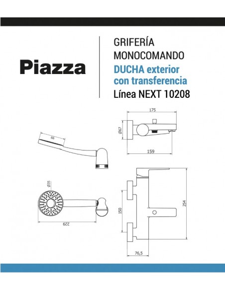 Grifería monocomando ducha exterior PIAZZA Next 10208