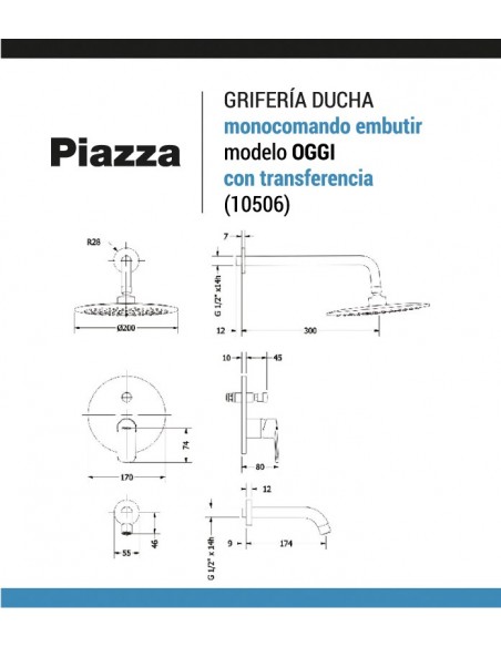 Grifería ducha monocomando embutir PIAZZA Oggi con transferencia (10506)
