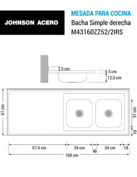 Mesada de acero inoxidable 160 x 61 JOHNSON ACERO con bacha doble derecha