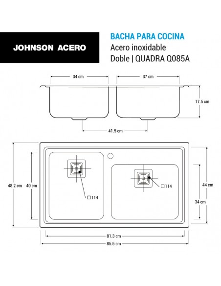 Bacha Acero Doble 85.5x48.2x17.5 Cm., "johnson Q085a"