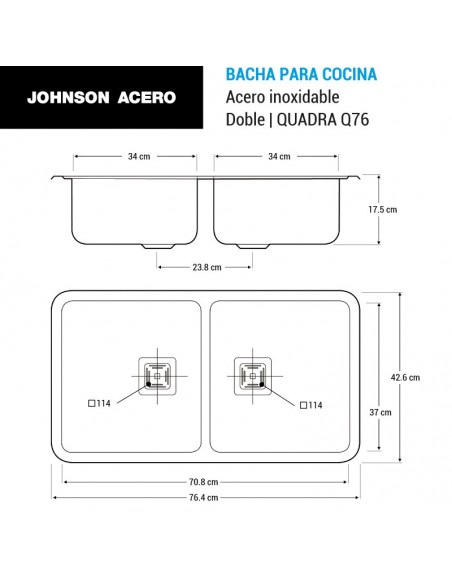 Bacha Acero Doble 70.8x37x17.5 Cm., "johnson Q76"