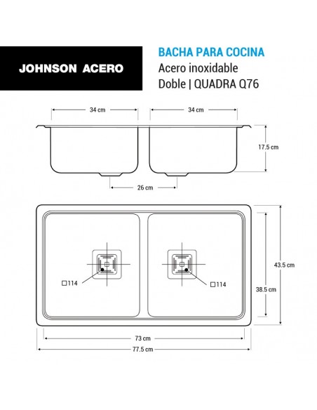 Bacha Acero Doble 77.5x43.5x17.5 Cm., "johnson Q76a"